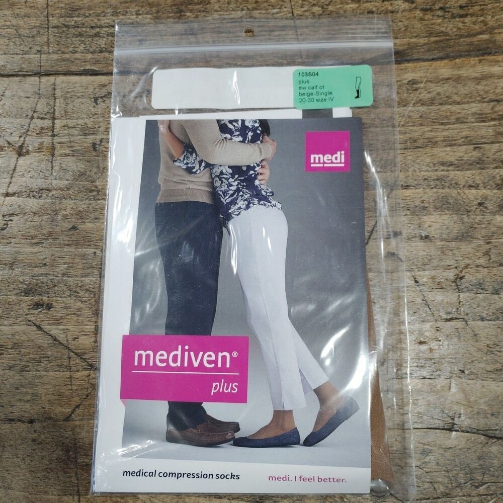 MEDIVEN Plus 20-30 mmHg Knee High Compression Stockings Open Toe Size IV Beige